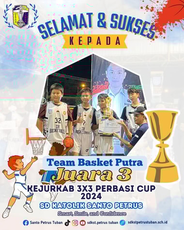 Selamat kepada Tim Beregu Putri & Putra SD Katolik Santo Petrus yang keluar sebagai juara 1 & 3 PERBASI CUP 2024 kategori SD , Tim putri yang digawangi Shelia @meshel_go yang membawa kemengan mutlak atas lawan dilaga final ,untuk tim putra pun tak kalah hebat mampu bersaing dengan tim kuat lainnya, semoga hasil yang diraih dapat menjadikan pelecut kedepan dapat mempertahan dan bisa lebih tinggi lagi. Tetap rendah hati dan giat berlatih tidak ada kesukseksan tanpa kerja keras....👏👏🏆🏆🏆

#sdk 
#sdksantopetrus_tubanday 
#sdksantopetrus 
#juara 
#basketball
